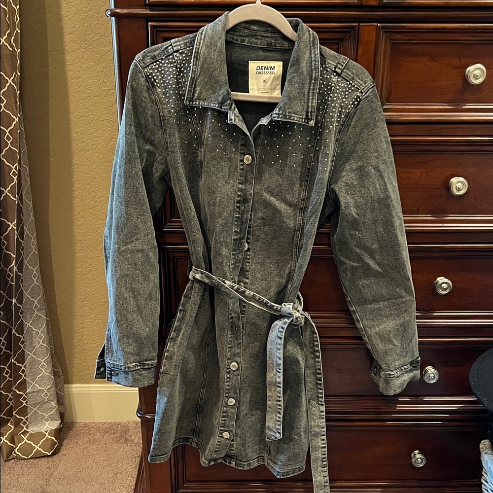 Denim&Co Gray Studded Belted Dress